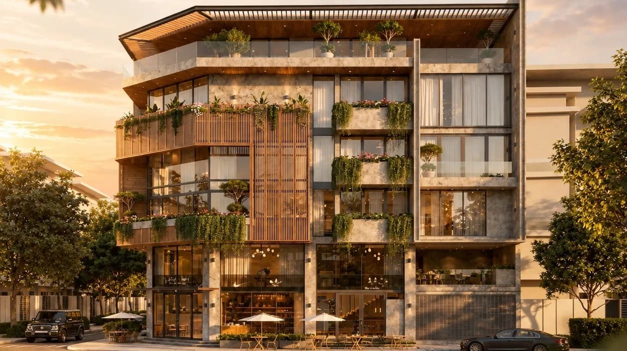 H’ Villa – biệt thự phố thương mại góc hai mặt tiền lúc hoàng hôn