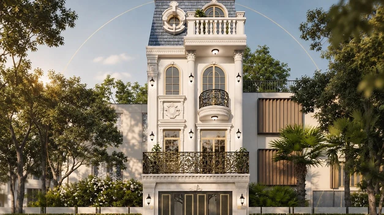 Mặt tiền nhà phố tân cổ điển HL’ House với mái mansard và ban công sắt nghệ thuật